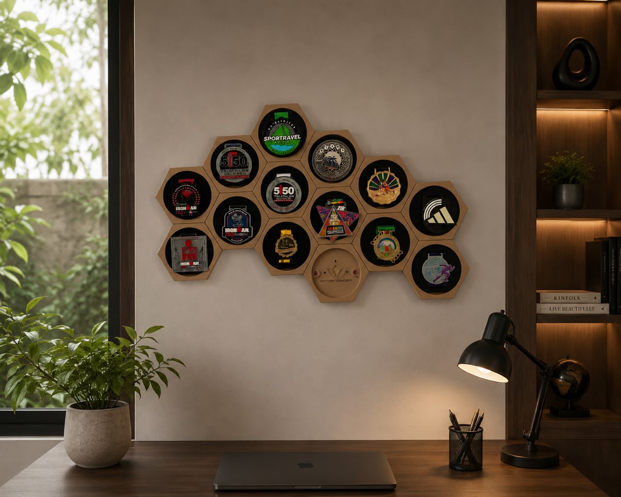Medallero modular Victory Concept instalado en pared con medallas de maratón y triatlón